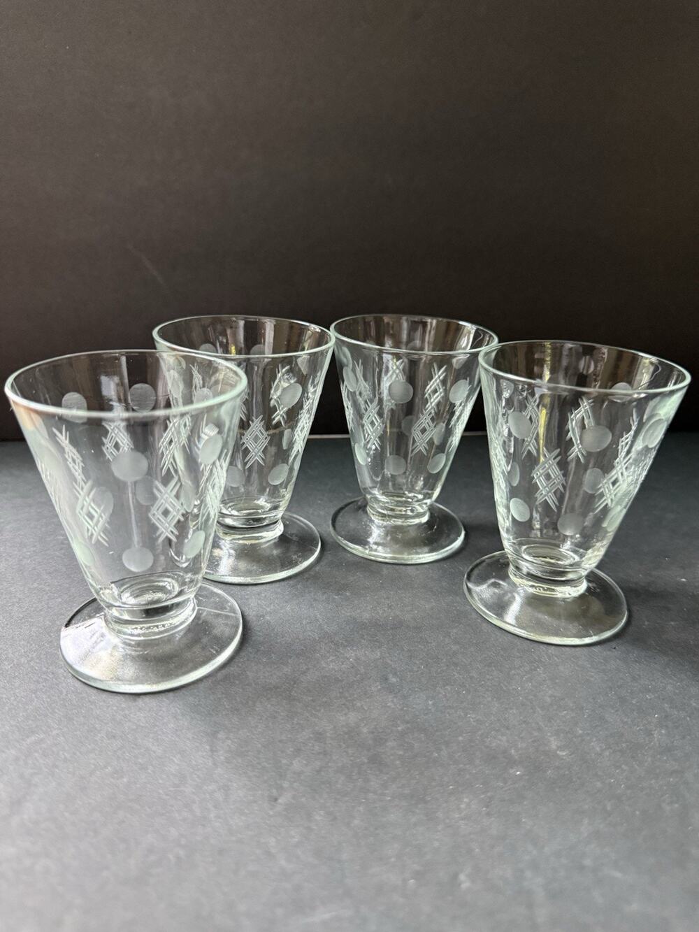Vintage Glass Criss Cross And Punties Design Juice Glasses Set (4) MCM Atomic